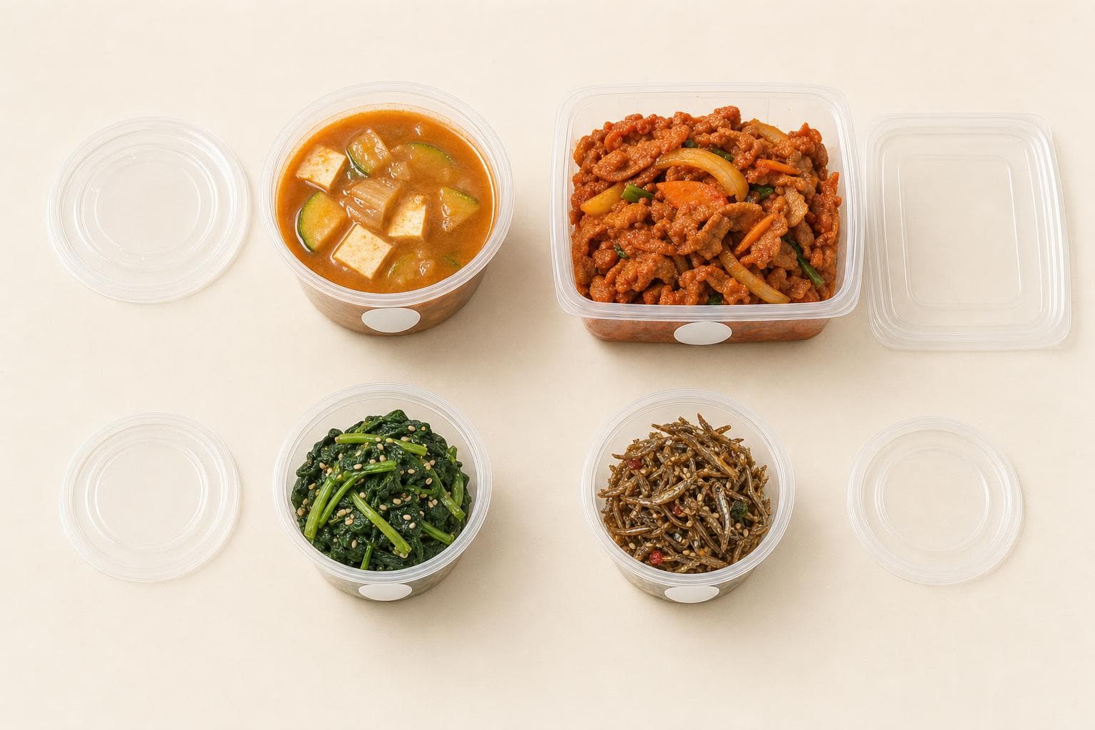 Top view of the containers (cream background)